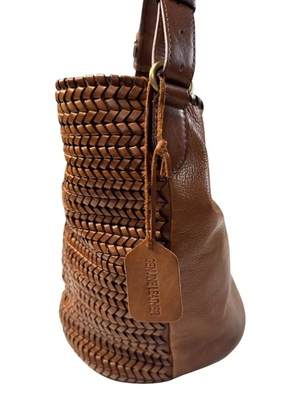 Woven Genuine Leather Brown Shoulder Bag W/Adjustable Strap & Inner Pockets